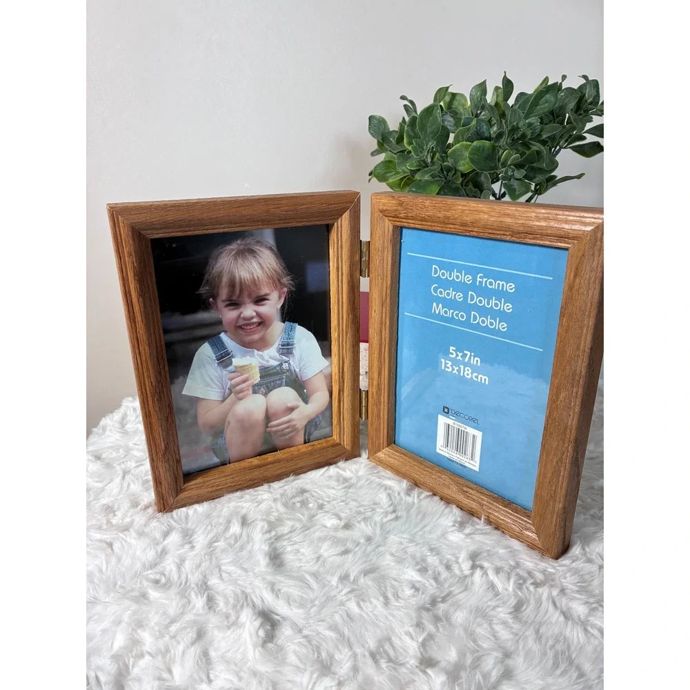 Vintage Double Picture Frame Solid Oak Wood Hinged Folding 5x7 Natural